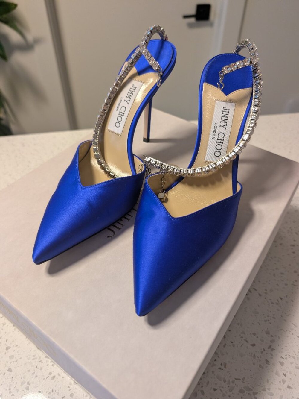 Jimmy Choo Saeda 85 Royal Blue Satin Heels with Crystal Strap